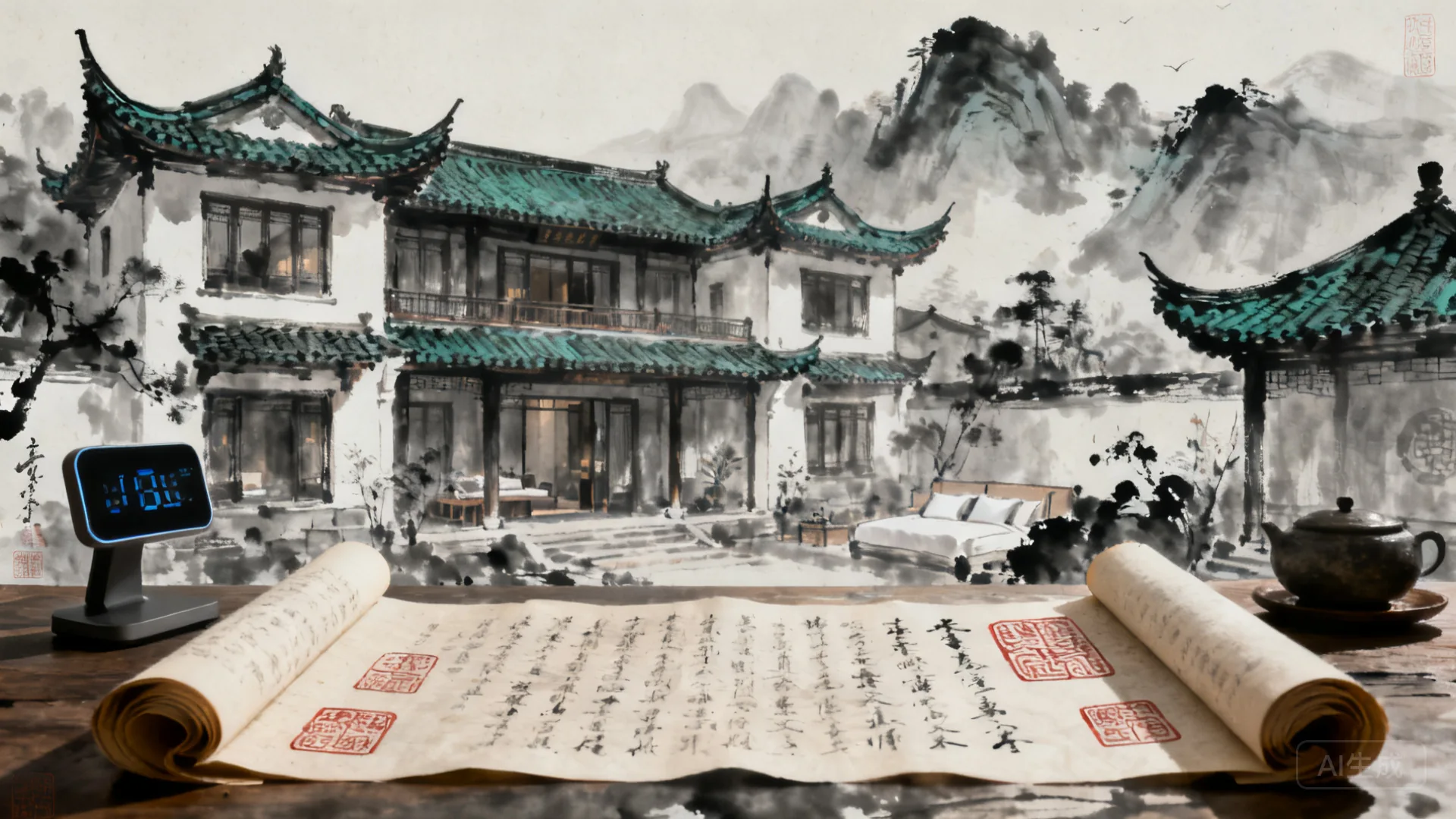 传统院落、智能设备与古卷的AI场景插画